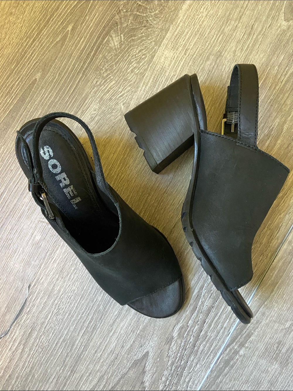 Sorel Black Open-Toe Slingback Block Heel Sandals